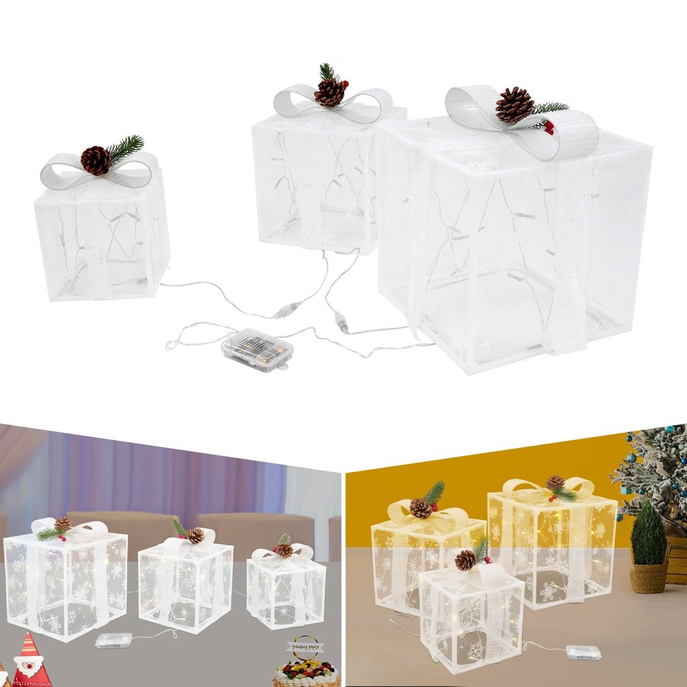 Set Of 3 Lighted Gift Boxes, 50 White Lights Present Box Lighted Display Decor