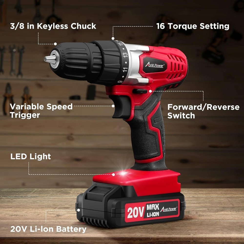Avid Power 20V Cordless Drill Set - Lightweight DIY Tool Kit