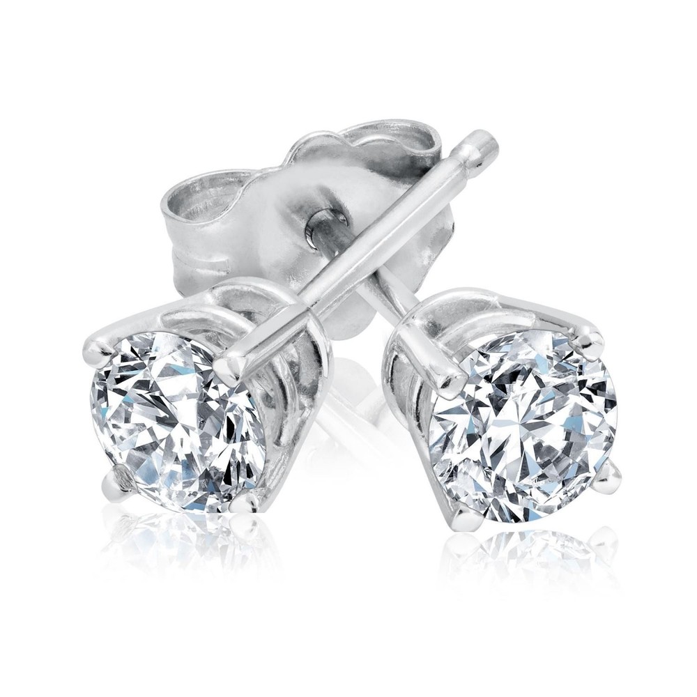 Small Austrian Zircon Stud Earrings Basket Setting 3mm Solid 14k White Gold