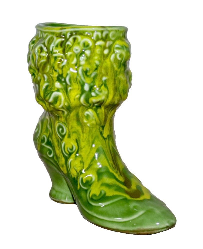Green & Yellow Glazed Victorian Boot 5.5” Ceramic Planter ~ Vase