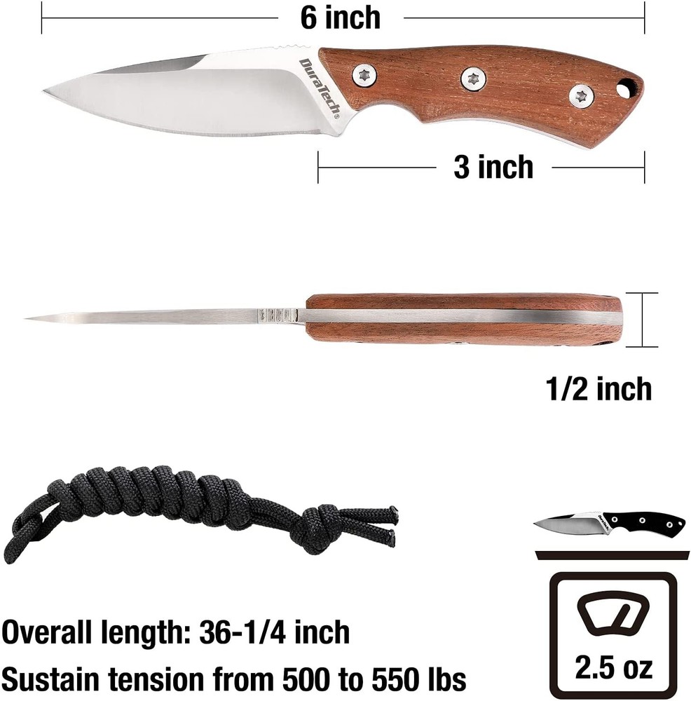 DURATECH Compact Fixed Blade Knife 6'' Full Tang Wood Handle with Molded Sheath