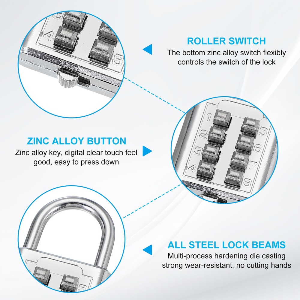 3Pcs Push Button Combination Padlock 8-Digit 4-Position Lock Silver