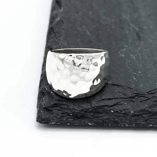 Solid 925 Sterling Silver Hammered Wide Ring Chunky Dome Design for Men & Women