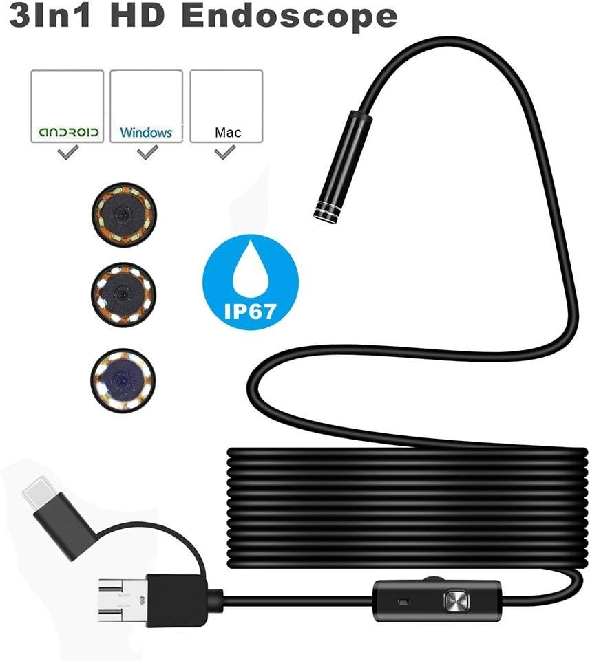 3-in-1 HD Waterproof Endoscope Inspection Camera with 6 LED for Android Devices