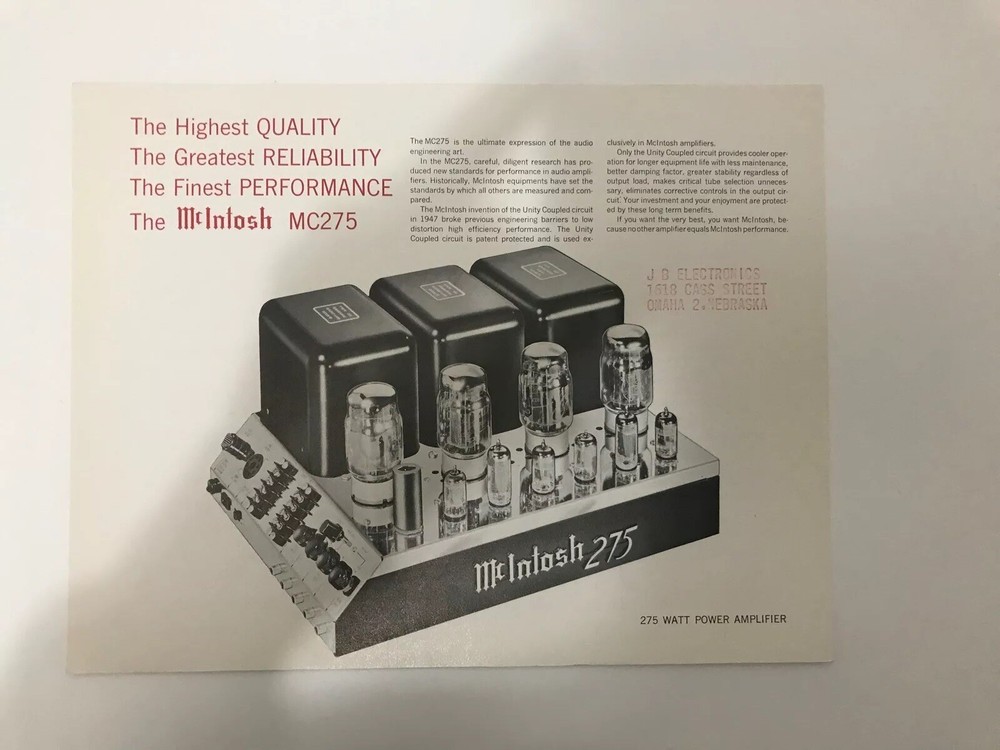 Mcintosh 275 Amplifier brochure/spec sheet