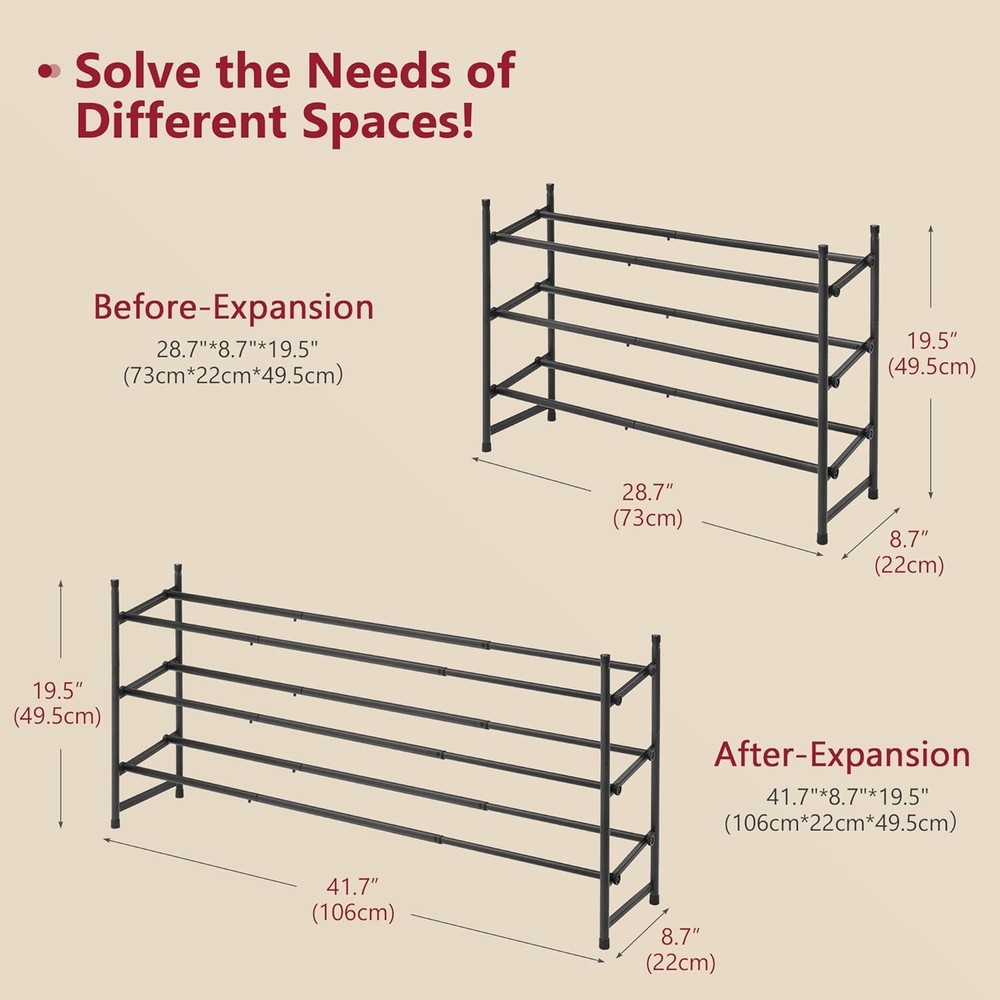 Expandable Shoe Rack Closet 3 Tier 28“-41“Adjustable & Stackable Shoe Shelf