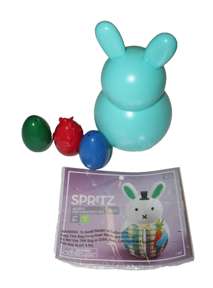 SPRITZ Blue Bunny Decorating Kit w/ 3 Green Blue Red Plastic Easter Eggs