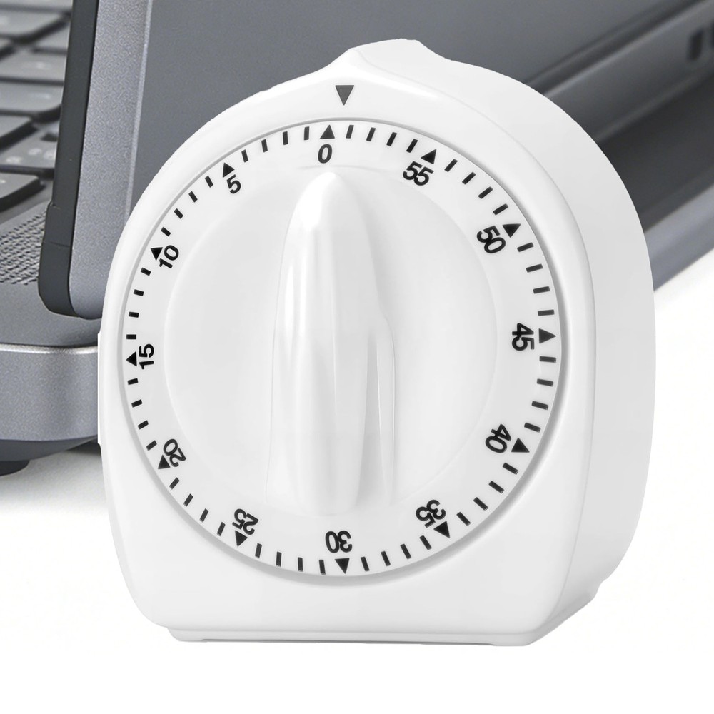 60-Minute Wind-Up Mechanical Timer Loud Alarm Visual Countdown White