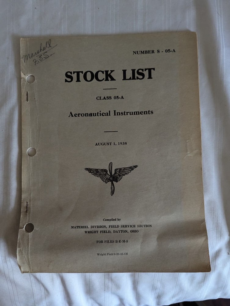 1938 Stock List Aeronautical Instruments Wright Field Class 05-A