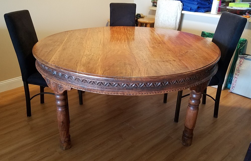 Rustic Custom Designed Solid Wood Round Indonesian Dining Table with 8 Chairs
