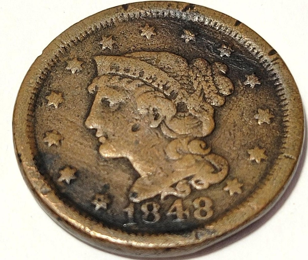 1848 LARGE ONE CENT COIN, VF DETAILS
