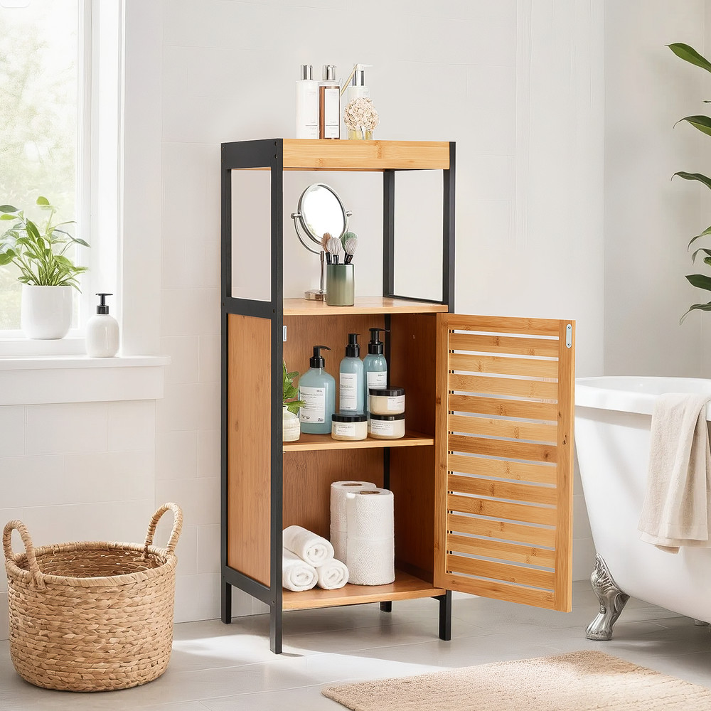 Danrelax 35" 3 Tier Solid Bamboo Bathroom Storage Cabinet with Open Top Shelf