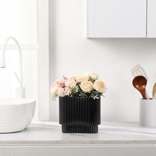 Ceramic Vase for Flowers, Decorative Boho Vase for Medium Rectangle Black