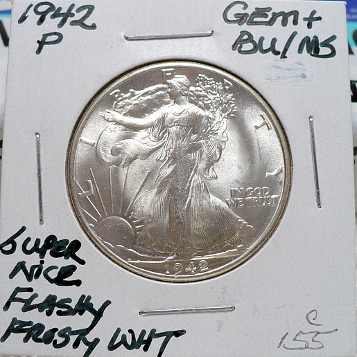 1942-P WALKING LIBERTY HALF DOLLAR, GEM+ BU/MS, NICE+, WHITE+ SHARP X, C155