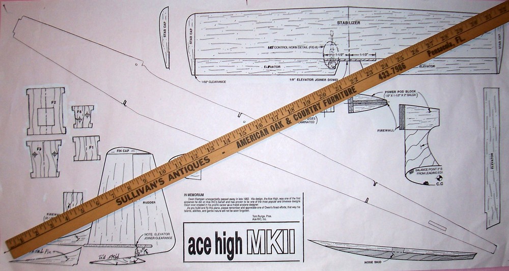 ACE HIGH MK II PLAN + PARTS PATTERNS for a 70" RC Powered Glider Model Airplane