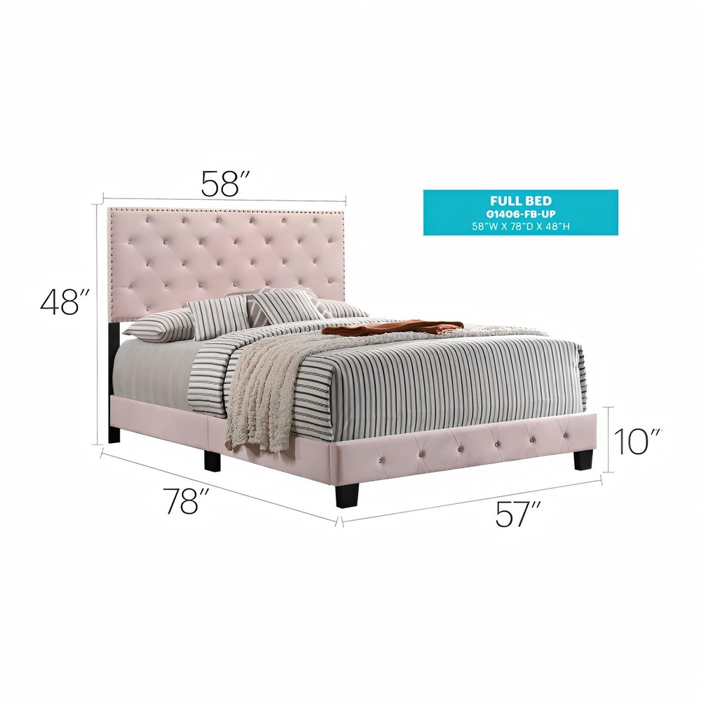 Chic Pink Transitional Full Bed, Wooden Bed Frame with Headboard