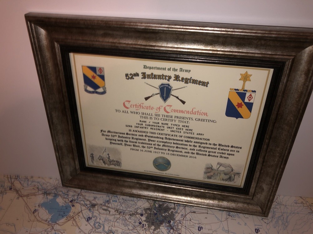 52ND INFANTRY REGIMENT / COMMEMORATIVE - CERTIFICATE OF COMMENDATION