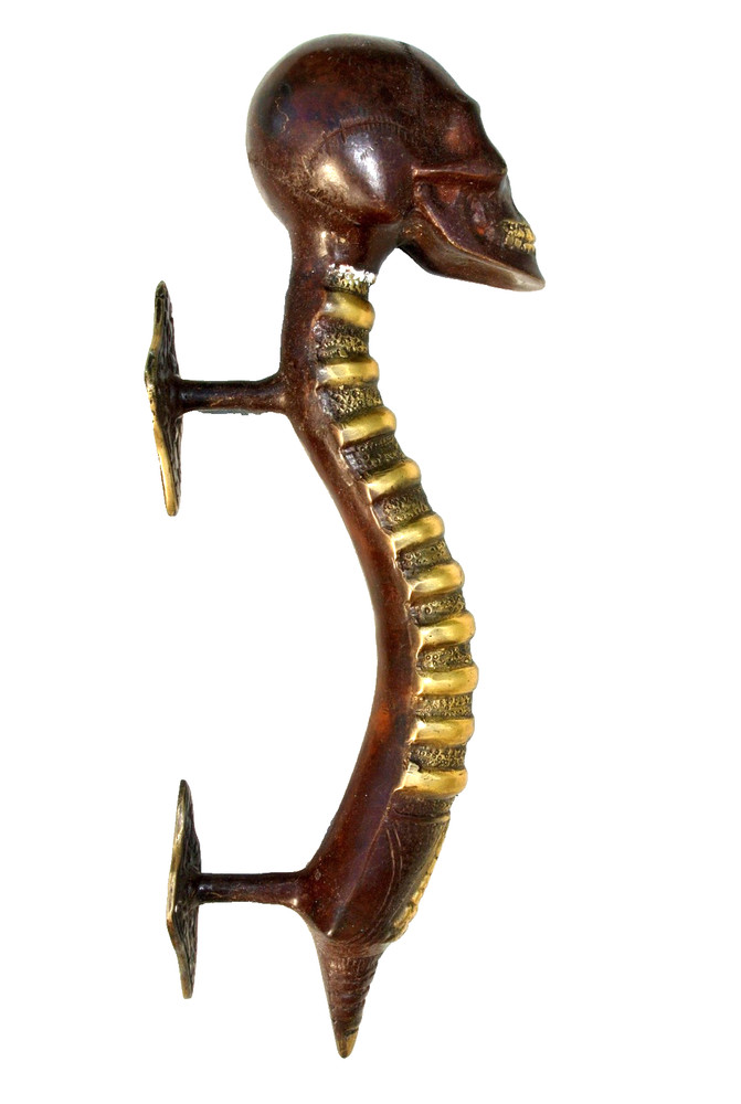 11" Solid Hollow Brass Skull Door Handle 28cm old styl Skeleton Spine Pull Grab