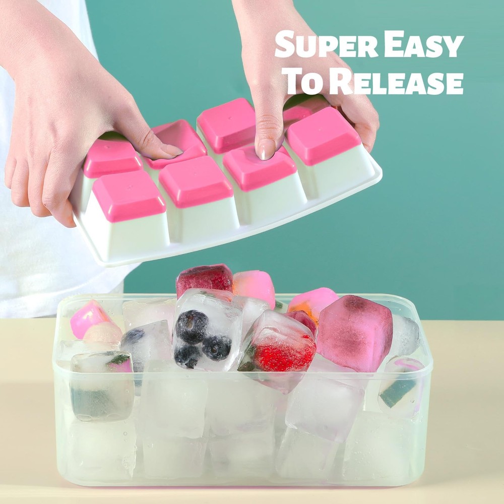 Large Ice Cube Tray with Lid and Bin, Silicone Big Square Ice Cube Molds for ...