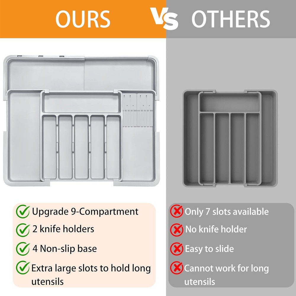 Silverware Drawer Organizer for Kitchen, Adjustable Utensil Grey