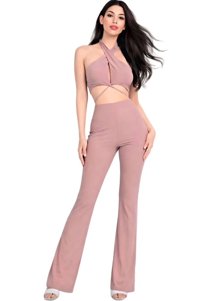 Solid Halter Top And Elastic Leggings Set