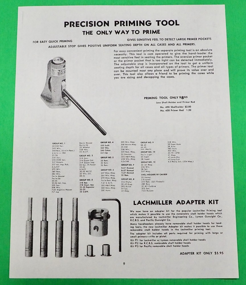 Lachmiller Engineering Priming Tool Add/Inst/Shell Holder Chart-NEW Copy