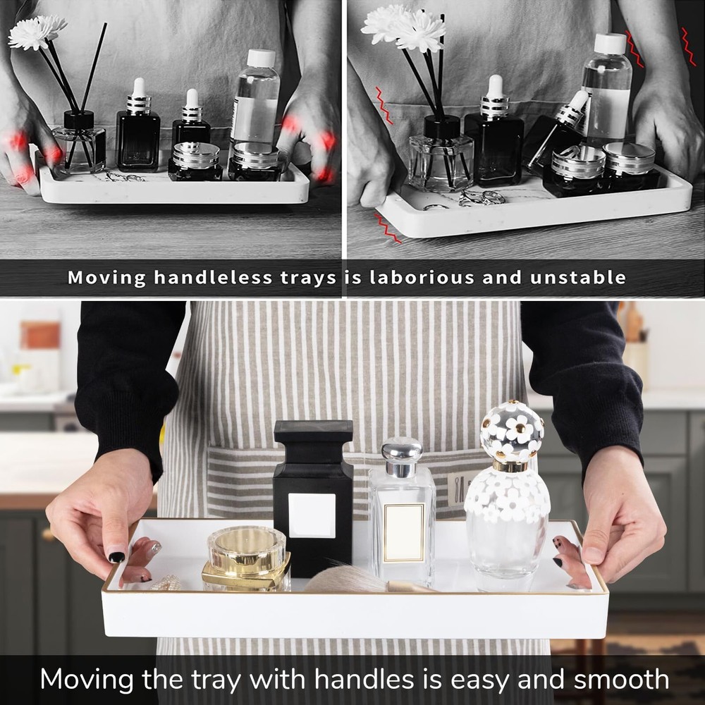 White Vanity Tray Plastic Decorative Tray Rectangular Trays with Handles Bath...