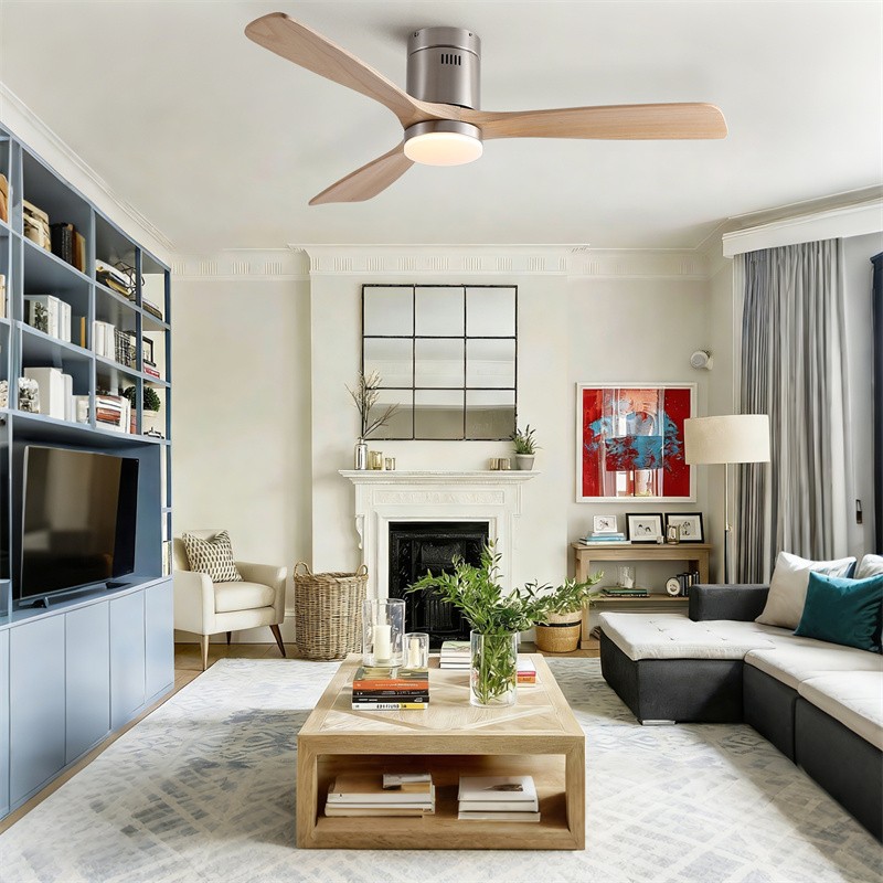 52" Modern Flush Mount Solid Wood Ceiling Fan Reversible w/Wall Switch/Remote