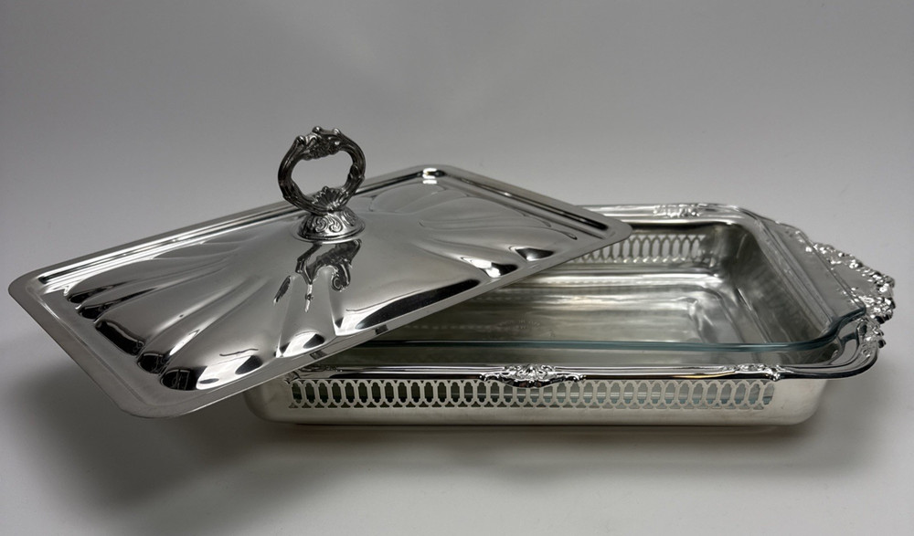 Silver Played Rectangular Chafing Serving Dish with Glass Dish & Lid 17" X 10"