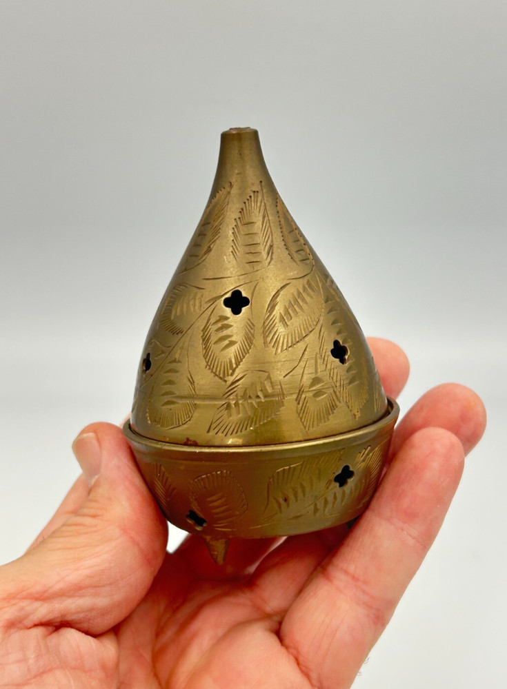 Vintage Etched Brass 4 " Lidded Three Leg Incense Burner