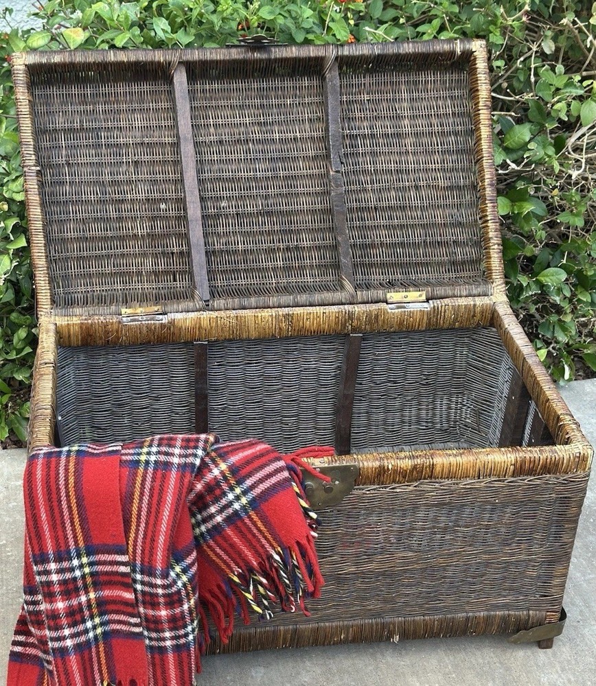 Antique Wicker Blanket Chest c1905 Cane Trunk Brass Hardware