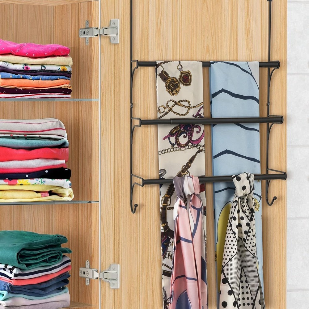 Versatile Black Adjustable Towel Rack with Hooks for Small Spaces - Easy Install
