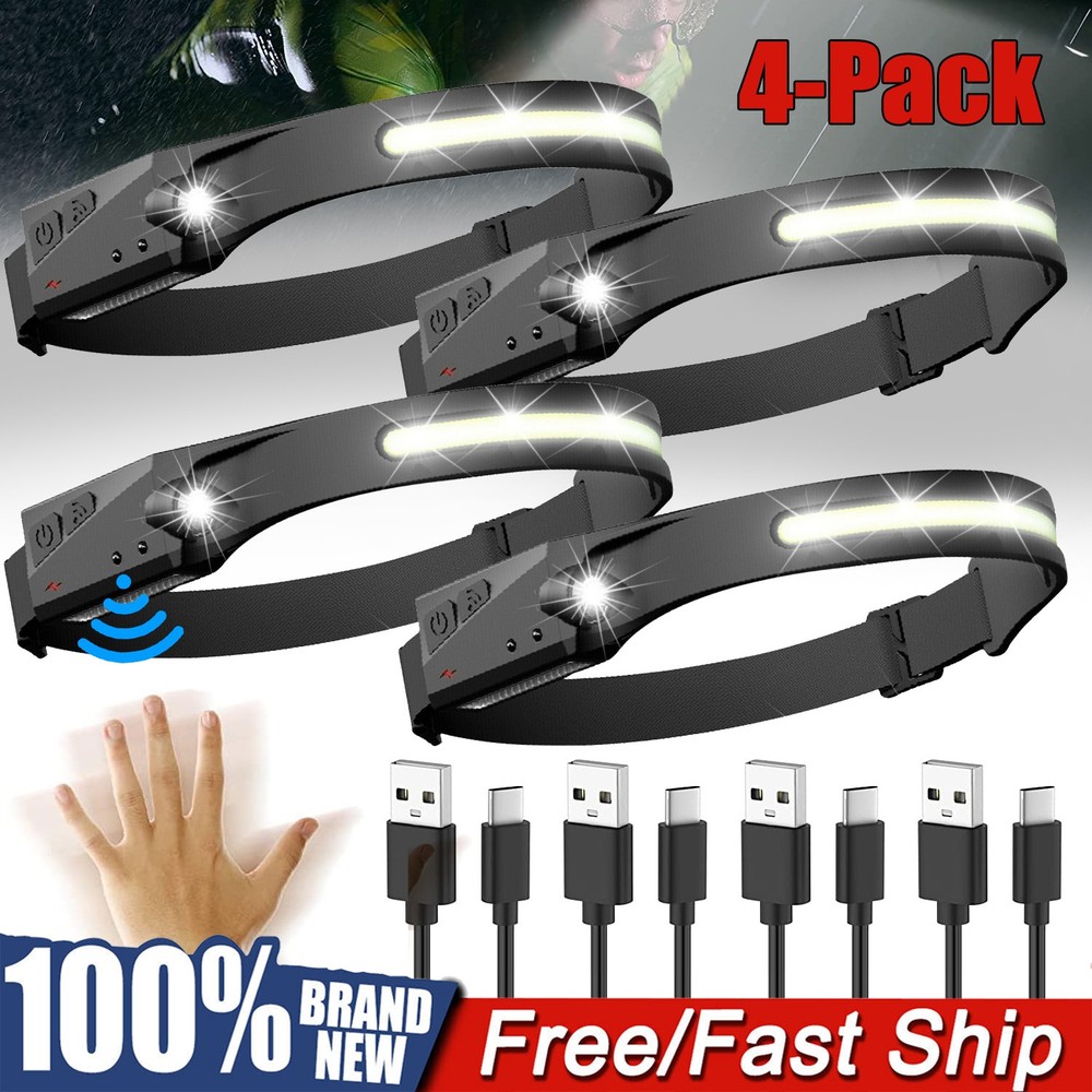 4 PACK COB+LED Headlamp Headlight Torch Flashlight Work Light Bar Head Band Lamp