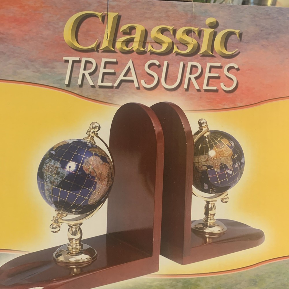 New CLASSIC TREASURES Blue Lapis Gemstone Globe Bookends  w/ Solid Brass Stands