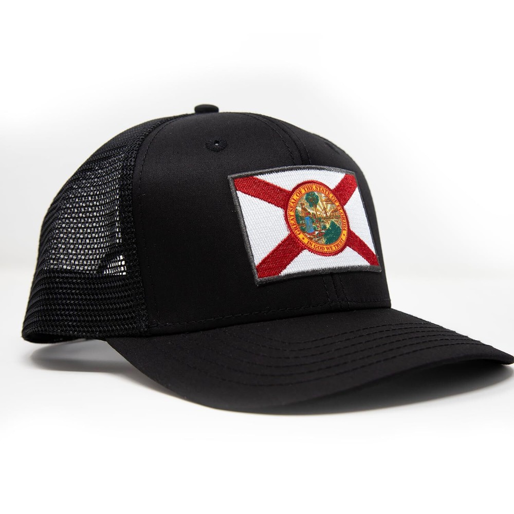 Florida State Flag Hat Adjustable Trucker Cap, Baseball, Snapback (All Black)