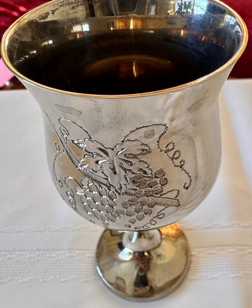 Silver tone Kiddush Cup Etched Grape Cluster Design 6" Tall x 2.9" wide