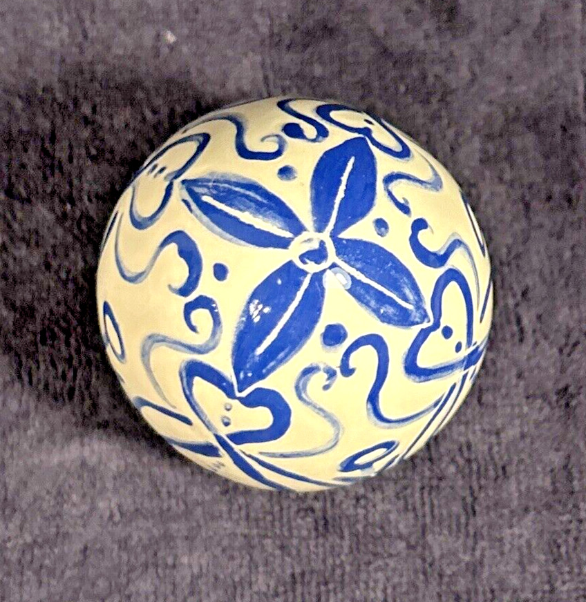 Ceramic Egg Small Folk Art Glazed Blue on White