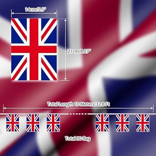 Union Jack Flag Bunting 32.8ft/30pcs British Rectangular Flag Banners String