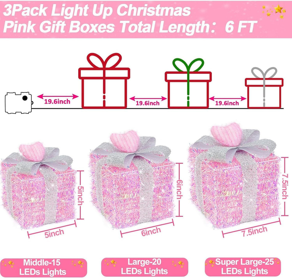 Pink Valentine's Lighted Gift Boxes with Timer, 60 LED, 3 Pack Decor