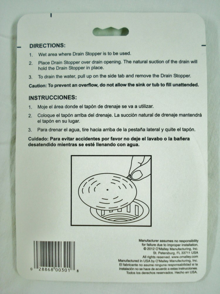 Flat Drain Stopper 5" Kitchen Sink Bath Tub White Rubber Made USA O'Malley 301