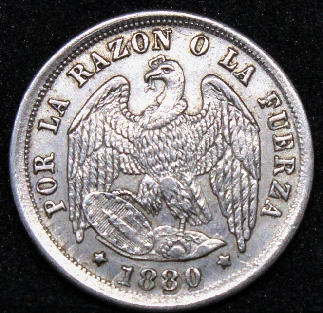1880 Chile 1/2 Decimo KM# 137.2, UNC + some die clashing error