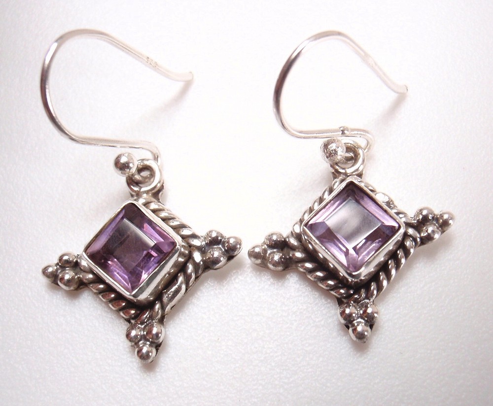 Faceted Amethyst Diamond-Shaped 925 Sterling Silver Dangle Earrings