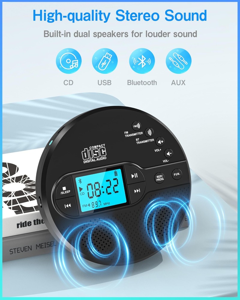 Portable CD Player with Bluetooth, FM Transmitter, Rechargeable, Anti-Skip, LCD