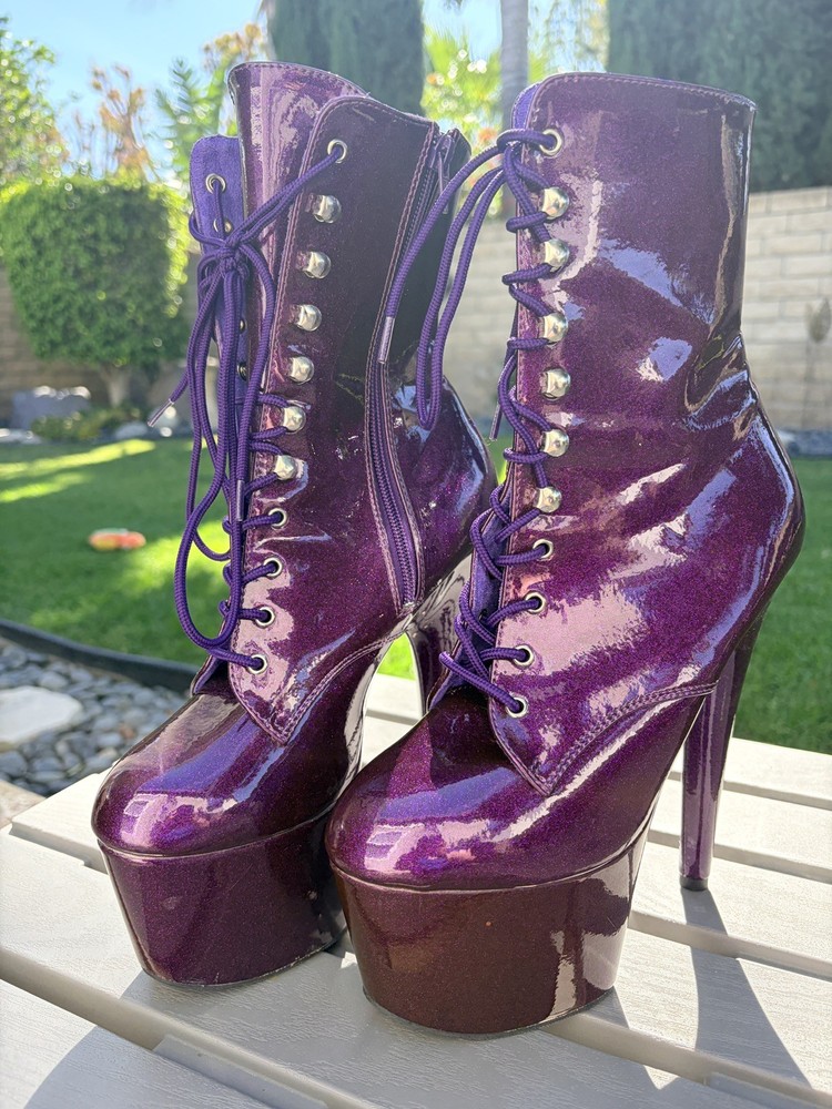 Pleaser Adore-1020GP Platform Ankle Boot, Purple Glitter, Size 6