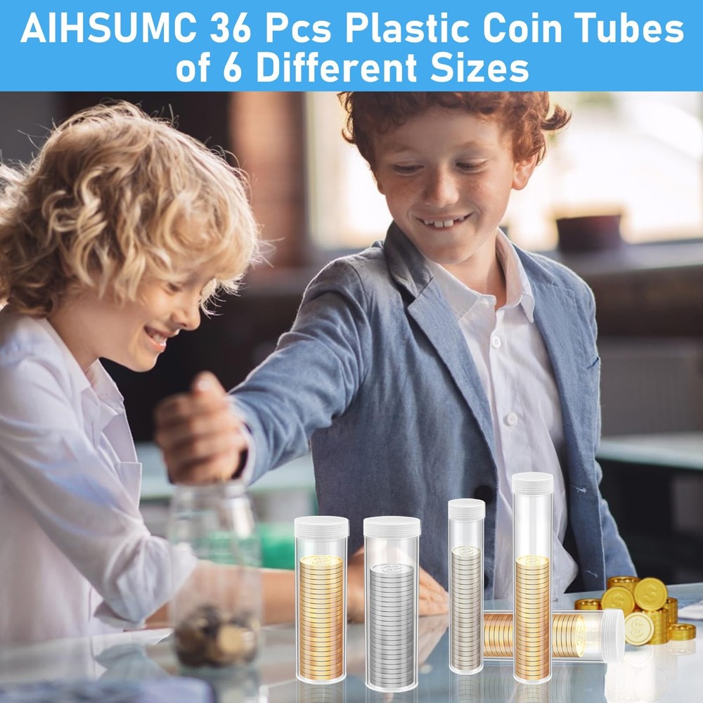 AIHSUMC 36 Pcs Plastic Coin Tubes, 6 Different Sizes Holders, Clear...