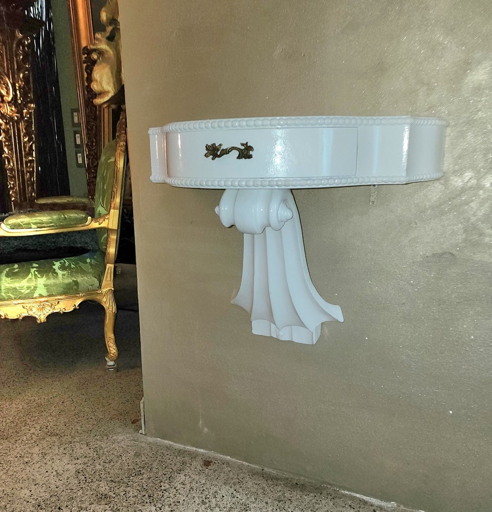 PAIR MID CENTURY MODERN Side Table or Consoles, Violin Scrolls Gloss White.