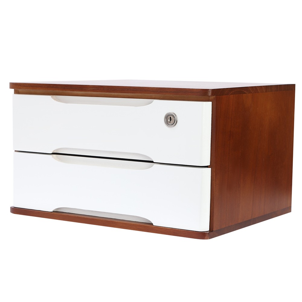 2-tier Wooden Desktop Storage Box With Lockable Desktop 2 Drawers Case+2keys