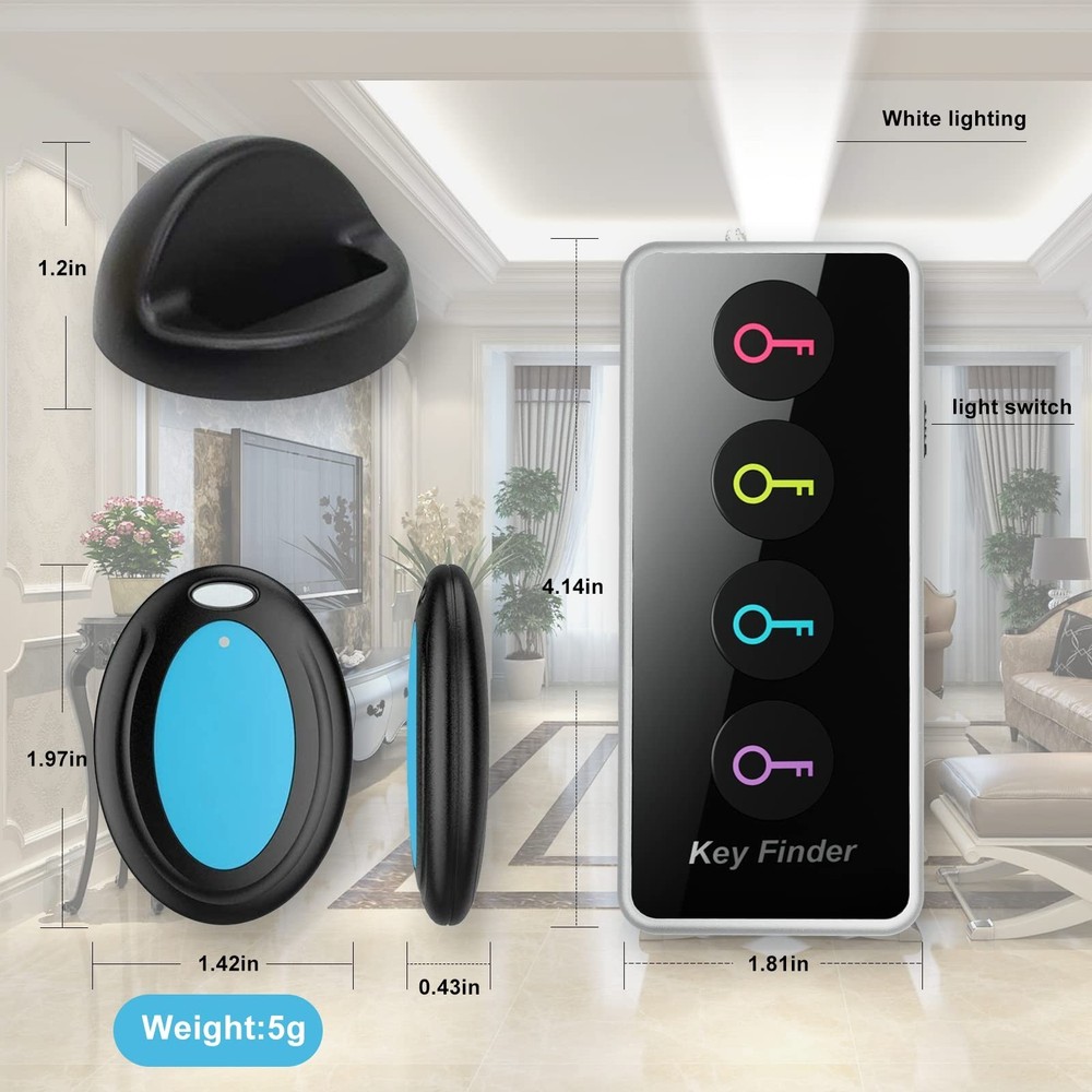 Key Finder Locator with Sound, 100ft RF Item Tracker Tags with LED Light, 80d...