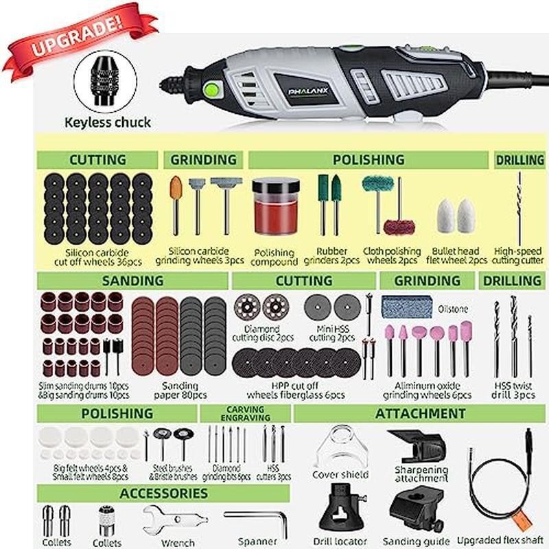180W Rotary Tool Kit 6 Variable Speed Flex Shaft 213pcs Accessories DIY Projects