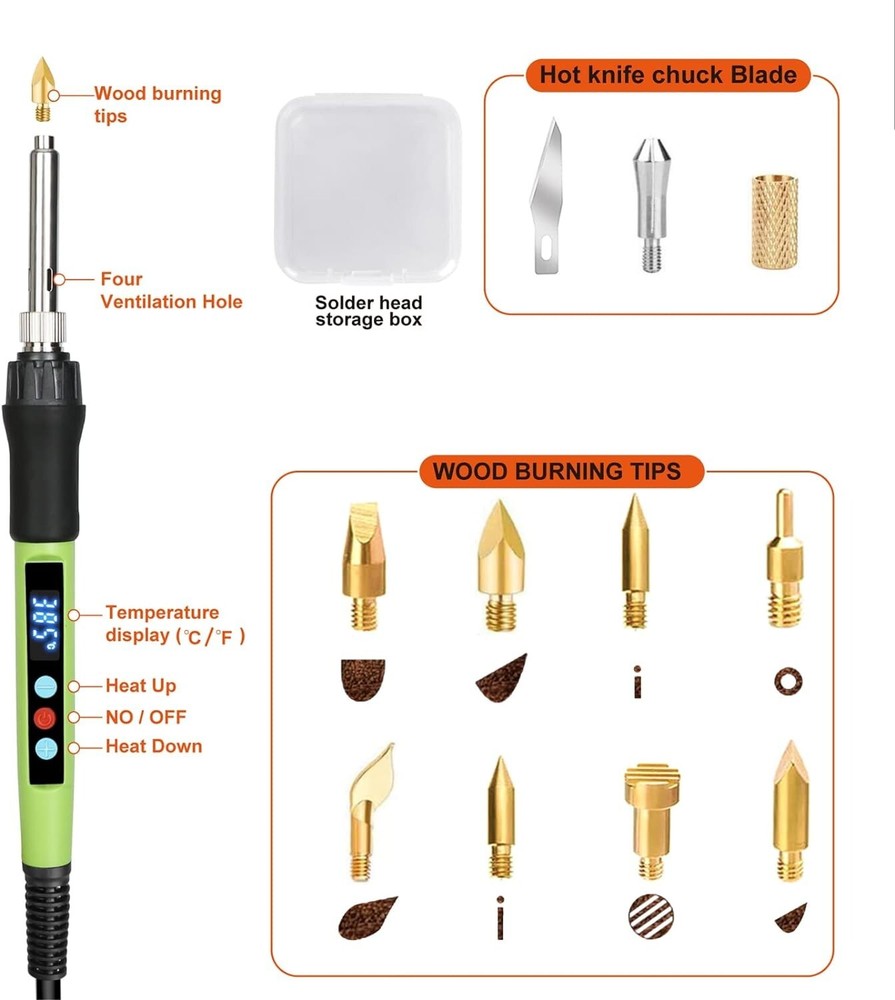 Wood Burning Pen Tool - Adjustable Temp Switch, LED Display, Multifunctional Kit